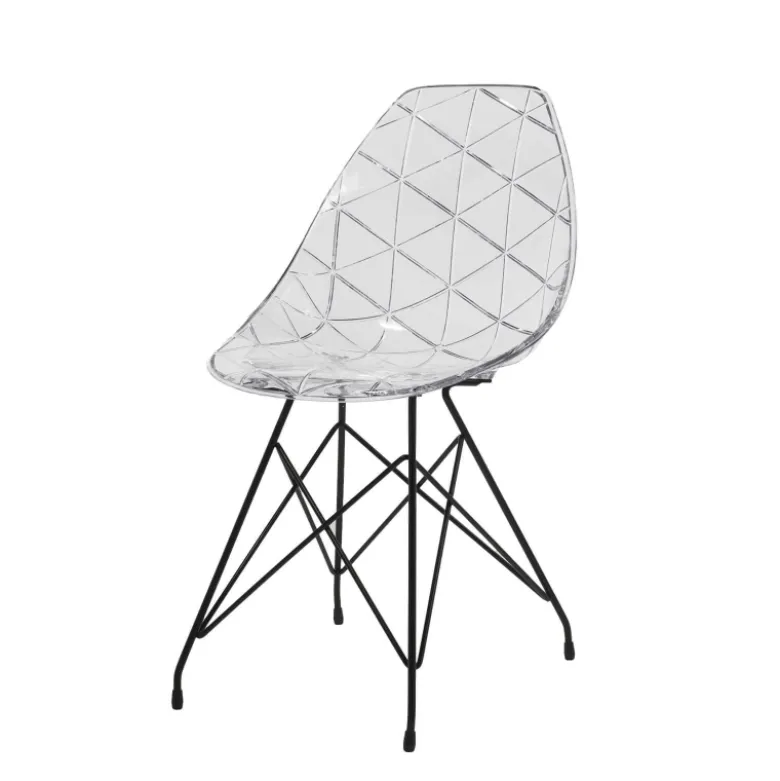 Prisma Chaise design coque transparente avec pieds eiffel en métal noir