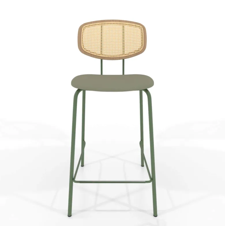 Ritmo Tabouret snack rétro avec dossier cannage rotin et assise en simili