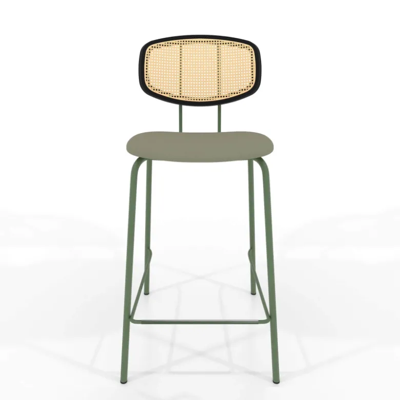 Ritmo Tabouret snack rétro avec dossier cannage rotin et assise en simili