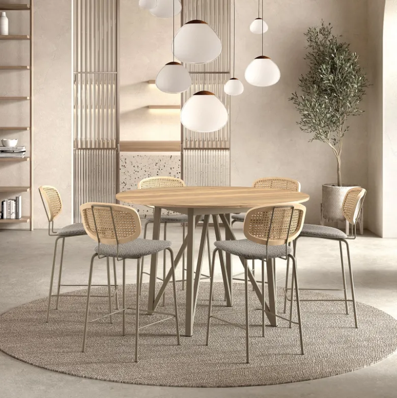 Ritmo Tabouret snack vintage dossier en cannage avec assise tissu